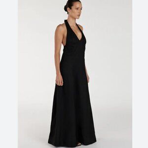 ASMARA 100% Linen Black Low Back Halter Maxi Dress Size S